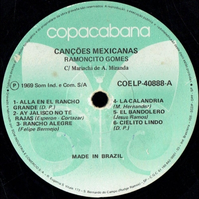 Canções Mexicanas Com Mariachi De A. Miranda (COELP 40888)